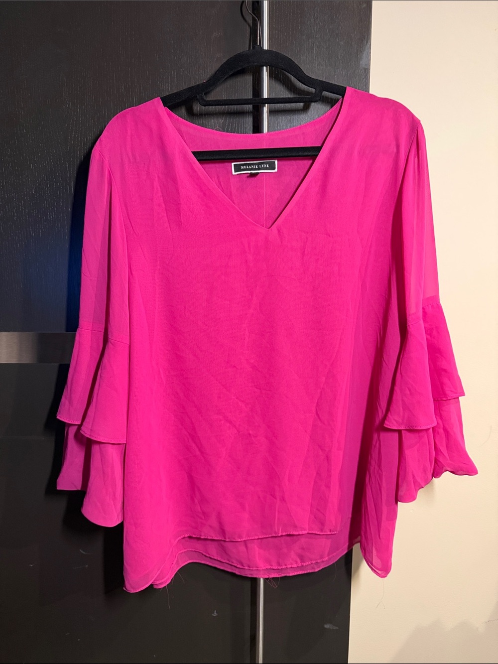 Melanie Lyne Fuchsia V-Neck Ruffle Sleeve Blouse